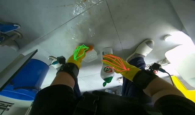 Applying cleaner and scrubbing floor: egocentric robotics sample