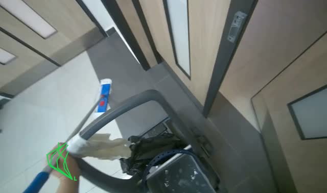 Transporting cleaning cart and supplies: egocentric robotics sample