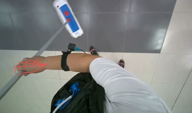 Mopping floor with flat mop: egocentric robotics sample