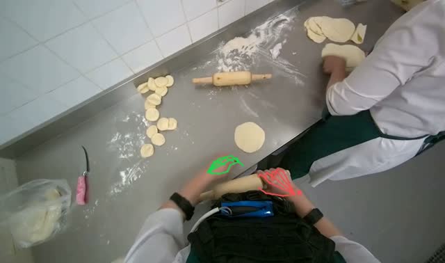 Rolling dough pieces with rolling pin: egocentric robotics sample