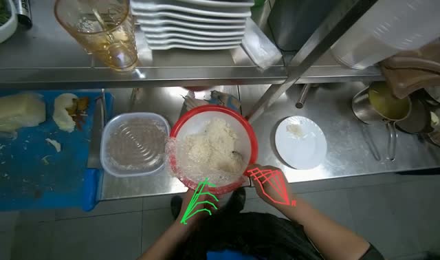 The worker places white rice onto a plate.: egocentric robotics sample