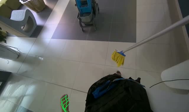 Mopping floor with flat mop: egocentric robotics sample