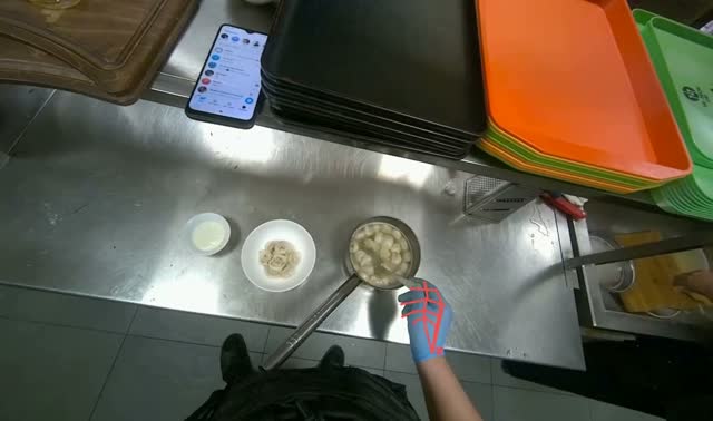 Placing prepared meal into white dish: egocentric robotics sample
