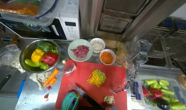 Slicing peppers on cutting board: egocentric robotics sample