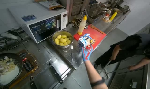 Cooking ingredients in pan: egocentric robotics sample