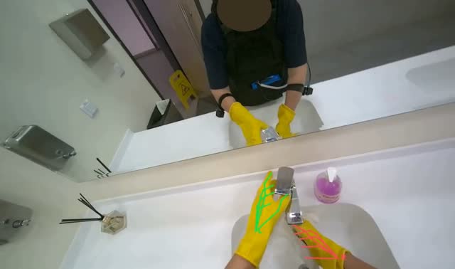 Cleaning bathroom counter and sinks: egocentric robotics sample
