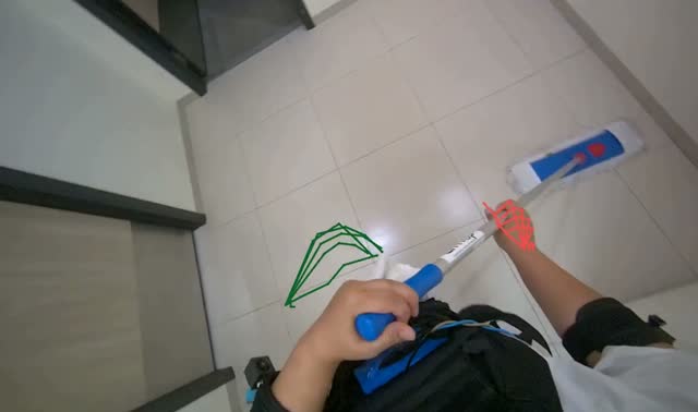 Mopping floor with flat mop: egocentric robotics sample