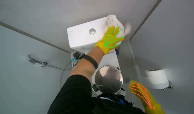 Cleaning toilet and stall surfaces: egocentric robotics sample