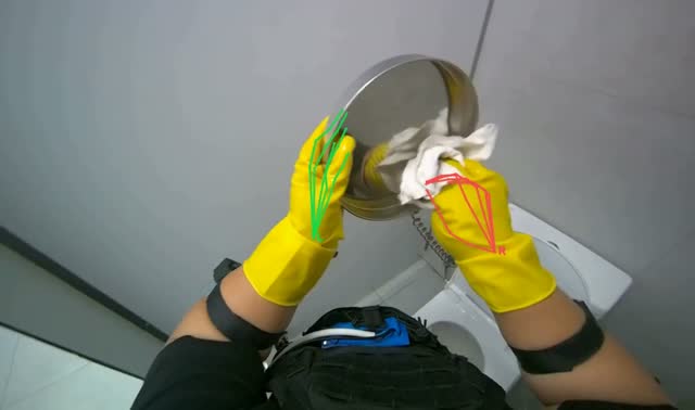 Cleaning restroom trash bin: egocentric robotics sample
