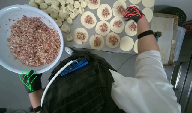 Adding meat filling to dough circles: egocentric robotics sample