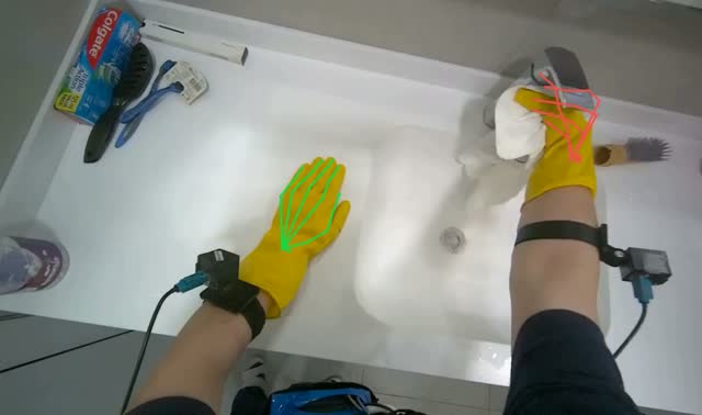 Wiping bathroom sink and counter: egocentric robotics sample