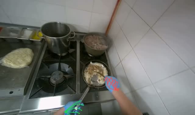 Adding and stirring meat in pan: egocentric robotics sample