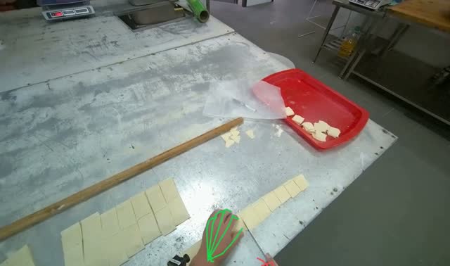 Cutting dough into small squares: egocentric robotics sample