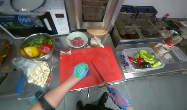 Chopping meat on cutting board: egocentric robotics sample