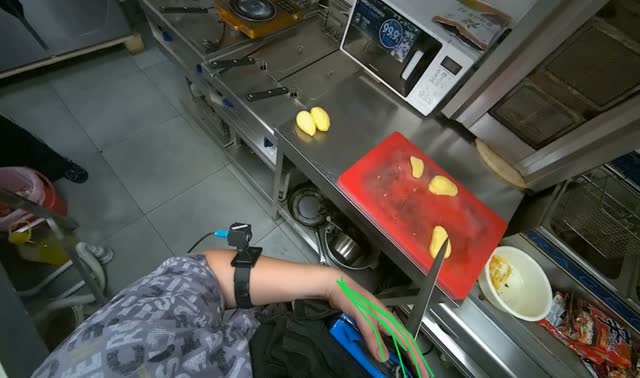 Cutting potatoes on cutting board: egocentric robotics sample