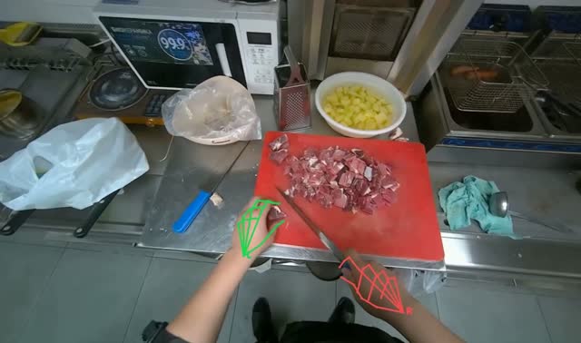 Cutting meat on chopping board: egocentric robotics sample