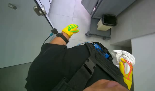 Cleaning restroom fixtures and surfaces: egocentric robotics sample