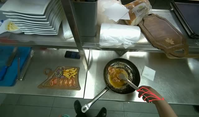 Serving cooked meat onto board: egocentric robotics sample