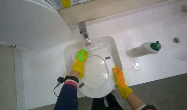 Cleaning toilet seat at sink: egocentric robotics sample