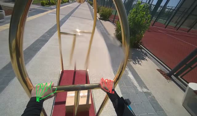 Pushing luggage cart with box: egocentric robotics sample