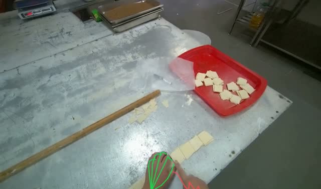 Cutting dough into small squares: egocentric robotics sample