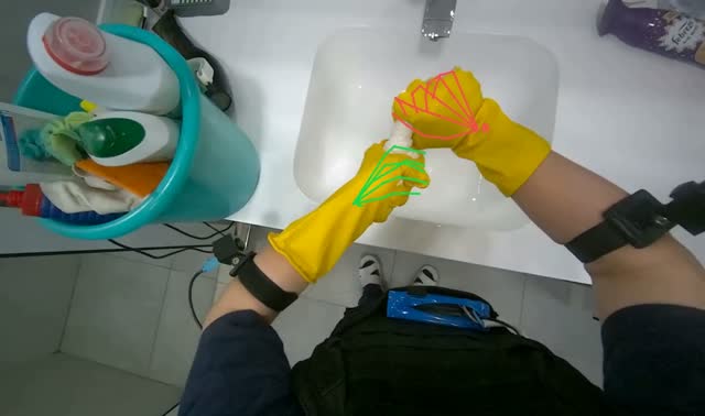 Cleaning bathroom sink and mirror: egocentric robotics sample