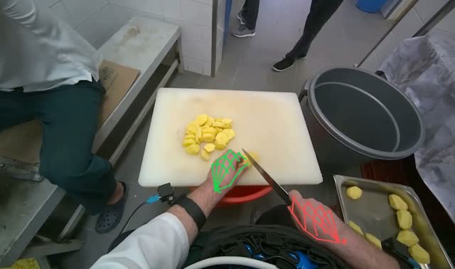 Slicing potatoes on cutting board: egocentric robotics sample
