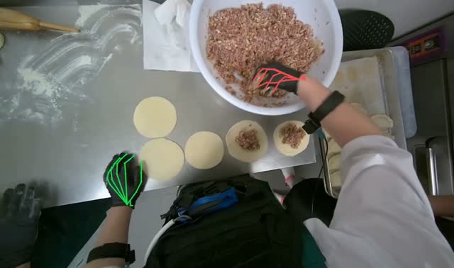 Placing meat filling onto dough circles: egocentric robotics sample