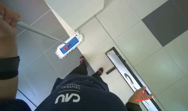 Mopping tiled floor with flat mop: egocentric robotics sample
