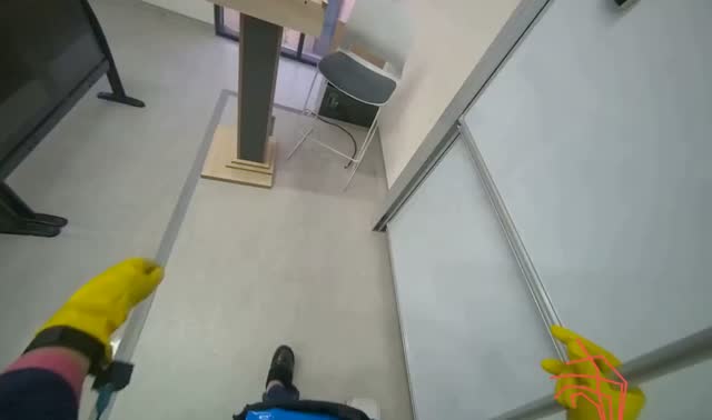 Attaching cleaning device to railing: egocentric robotics sample