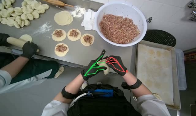 Sealing and placing meat-filled dough onto tray: egocentric robotics sample