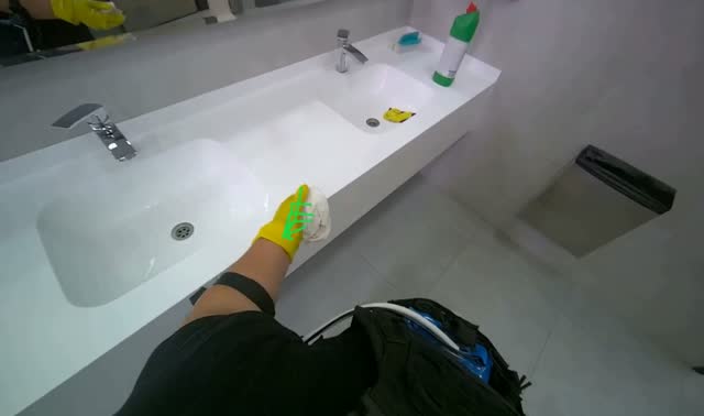 Cleaning sink counter and rinsing cloth: egocentric robotics sample