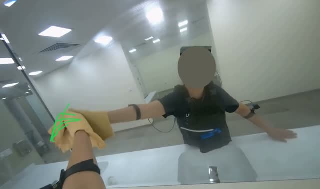 Cleaning bathroom fixtures with cloth: egocentric robotics sample