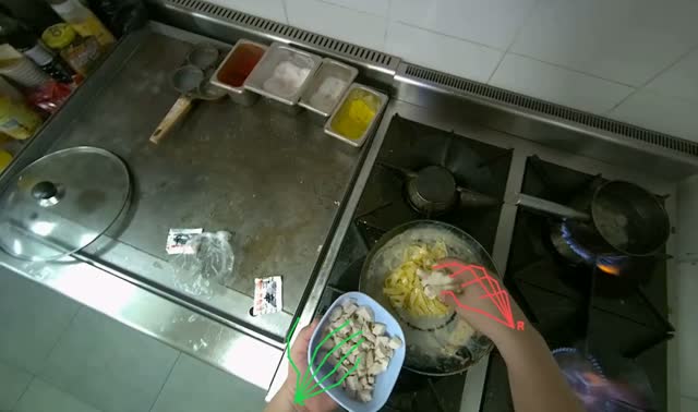 Cooking pasta with various ingredients: egocentric robotics sample