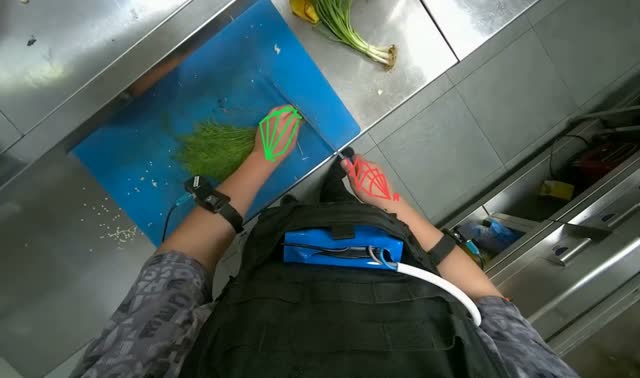 Chopping green herbs on cutting board: egocentric robotics sample