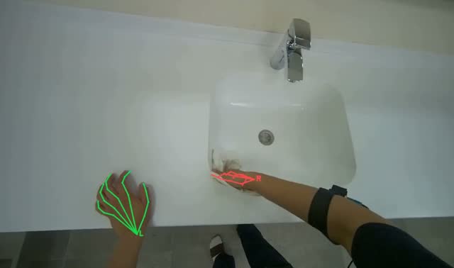 Wiping bathroom countertop and sinks: egocentric robotics sample
