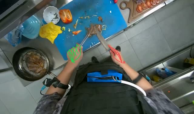 Cutting cooked meat on a board: egocentric robotics sample