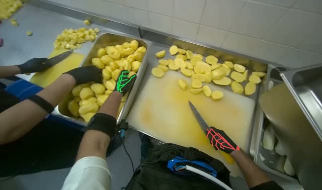 Dicing potatoes on cutting board: egocentric robotics sample