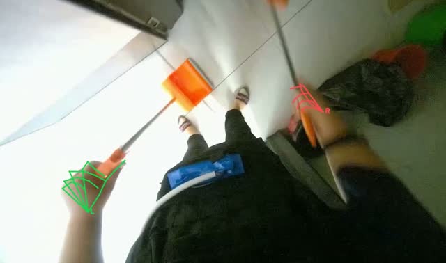 Sweeping room and placing cleaning equipment into bucket: egocentric robotics sample