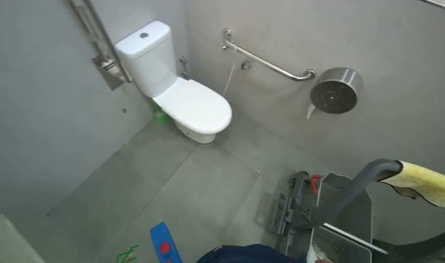 Cleaning restroom fixtures and tools: egocentric robotics sample