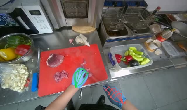 Slicing and dicing meat on board: egocentric robotics sample