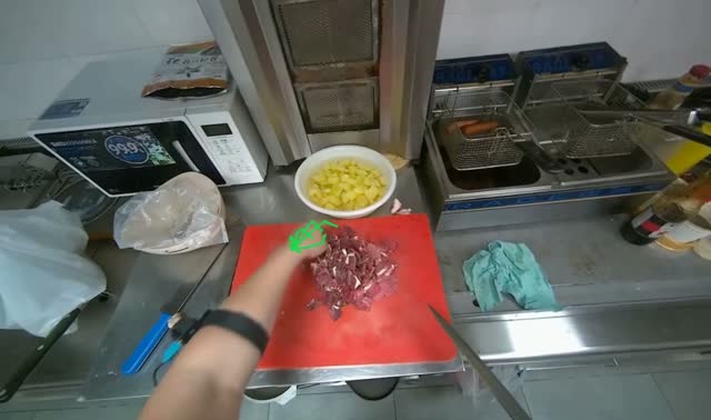 Cutting meat on chopping board: egocentric robotics sample