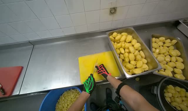 Cutting peeled potatoes into cubes: egocentric robotics sample