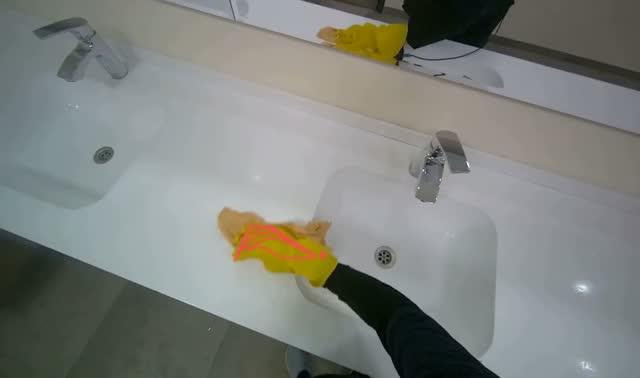 Wiping bathroom counter and sinks: egocentric robotics sample