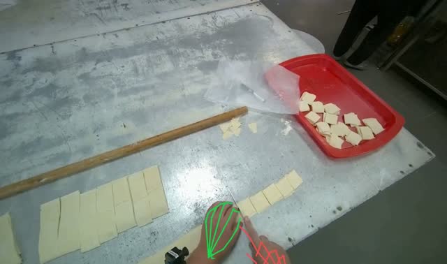 Cutting dough into small squares: egocentric robotics sample