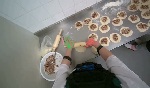 Rolling dough pieces with rolling pin: egocentric robotics sample