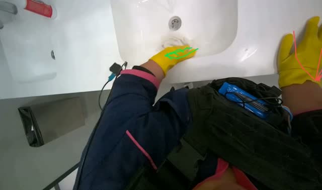 Cleaning bathroom sink and countertop: egocentric robotics sample