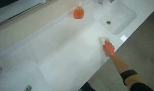 Cleaning bathroom countertop and sinks: egocentric robotics sample