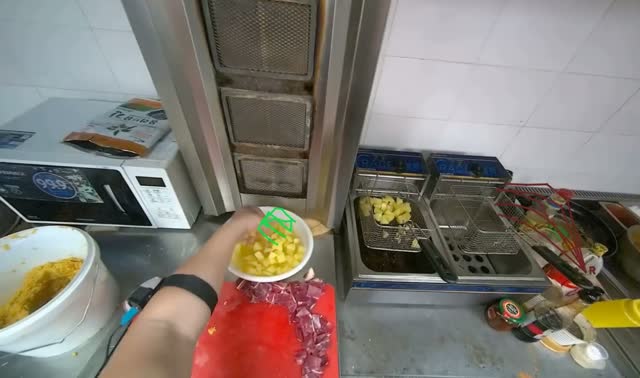 Frying diced potatoes in deep fryer: egocentric robotics sample