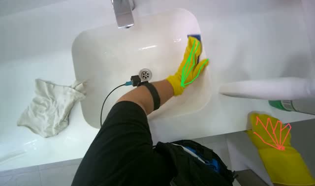 Scrubbing bathroom sinks and counter: egocentric robotics sample